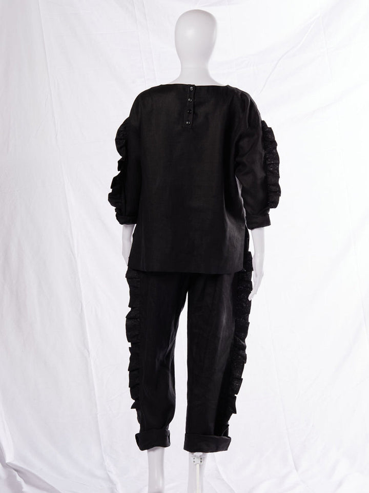 Amy Page DeBlasio Pants Ruffle Pants in Black Linen
