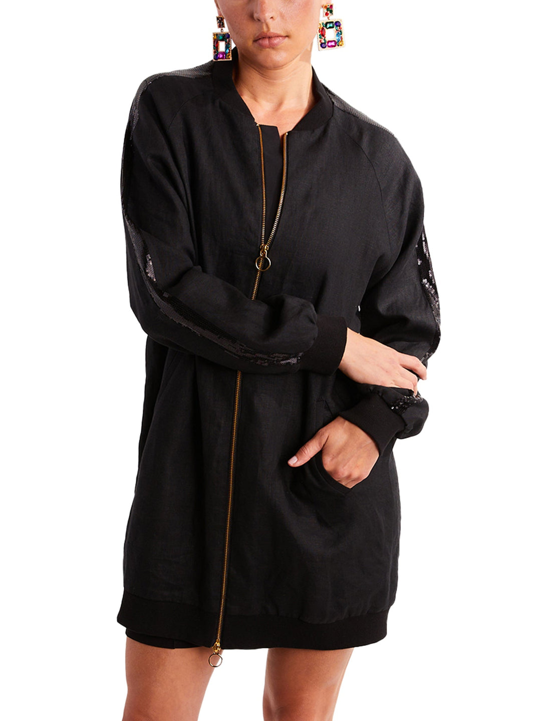 Amy Page DeBlasio Jackets and Coats Long Linen Bomber Jacket in Black