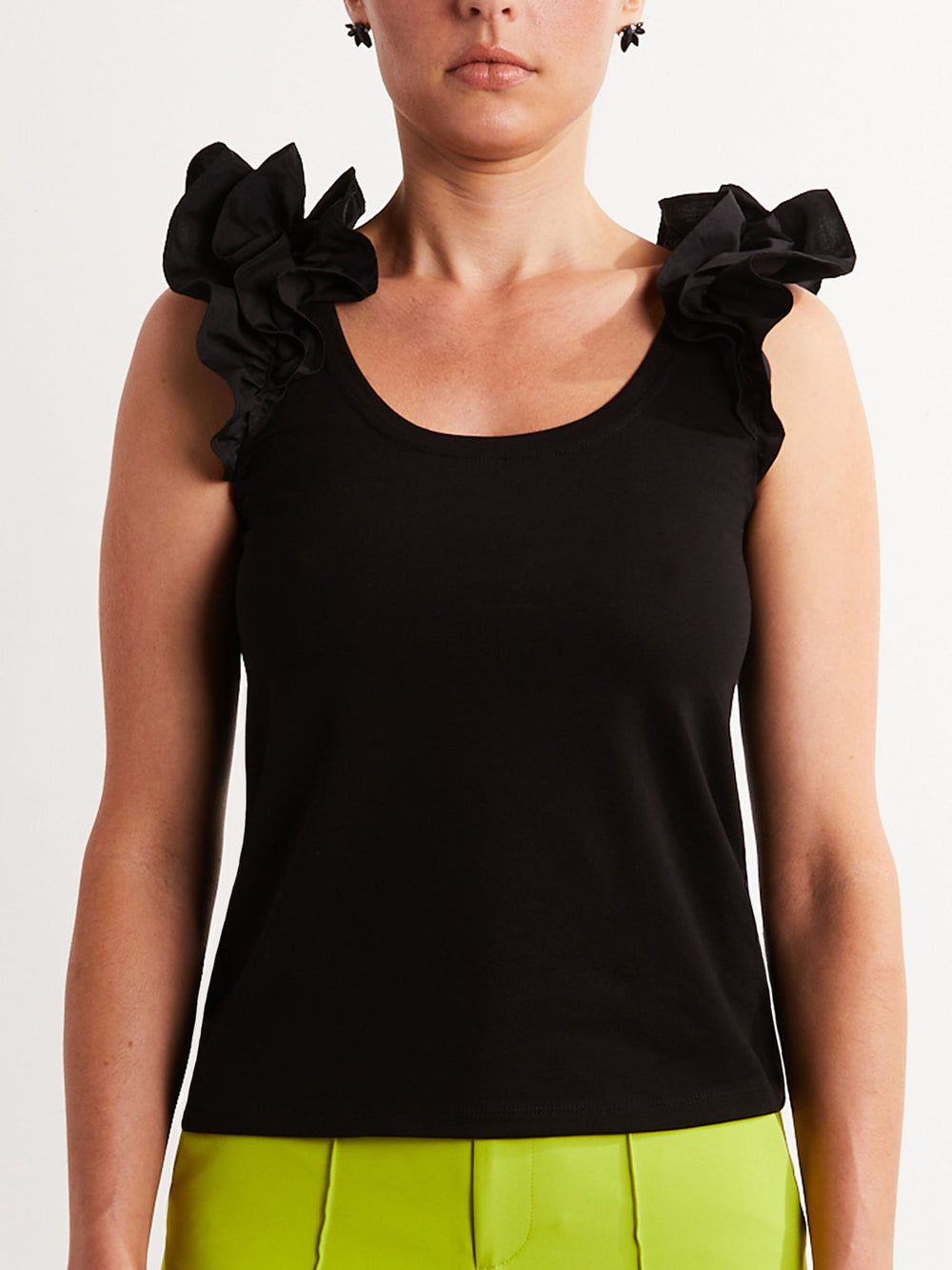 Amy Page DeBlasio Tank Tops Ruffle Tank Top in Black Cotton