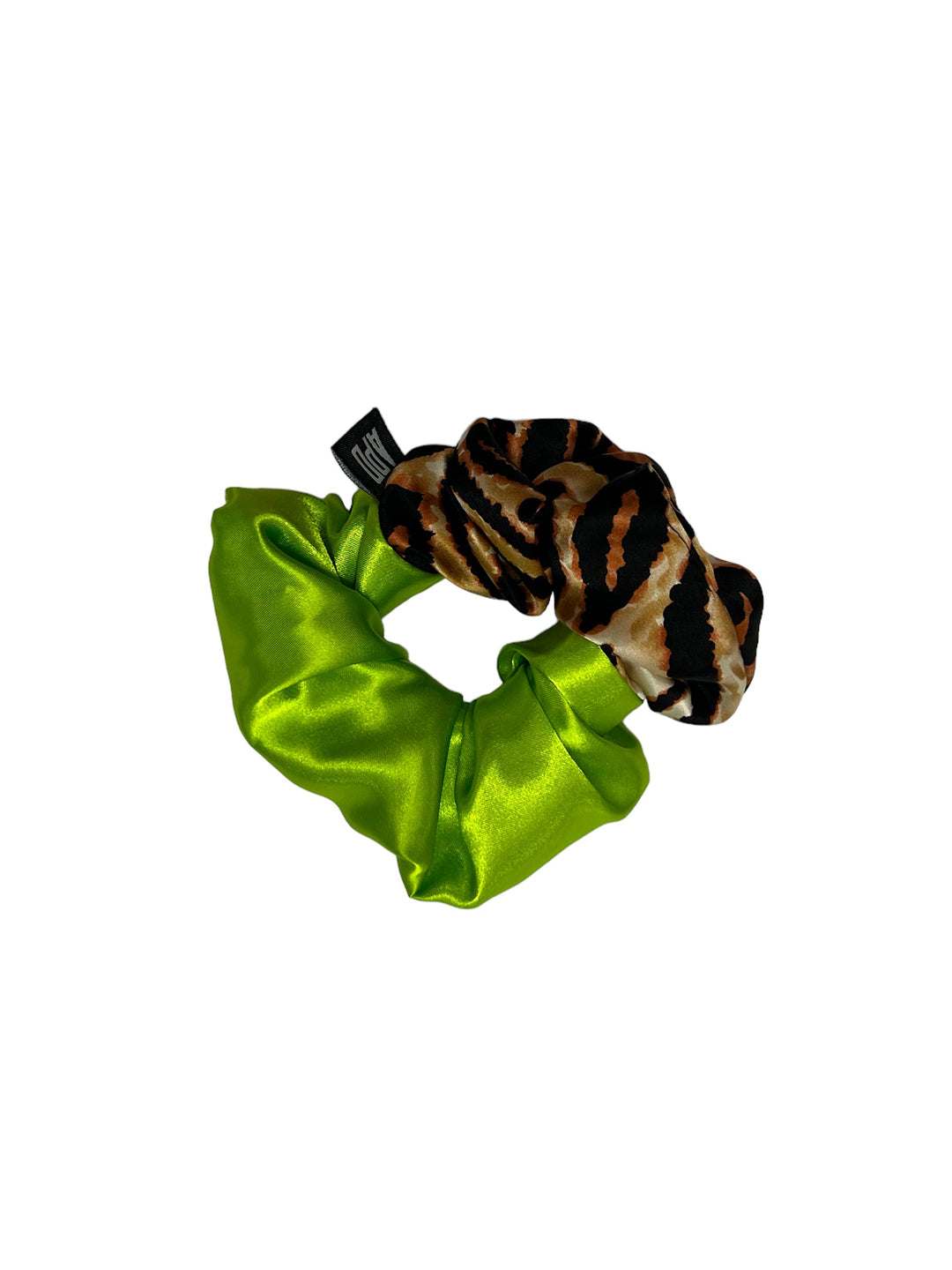 Amy Page DeBlasio Scrunchie Tiger Print and Green Satin No Waste Scrunchie