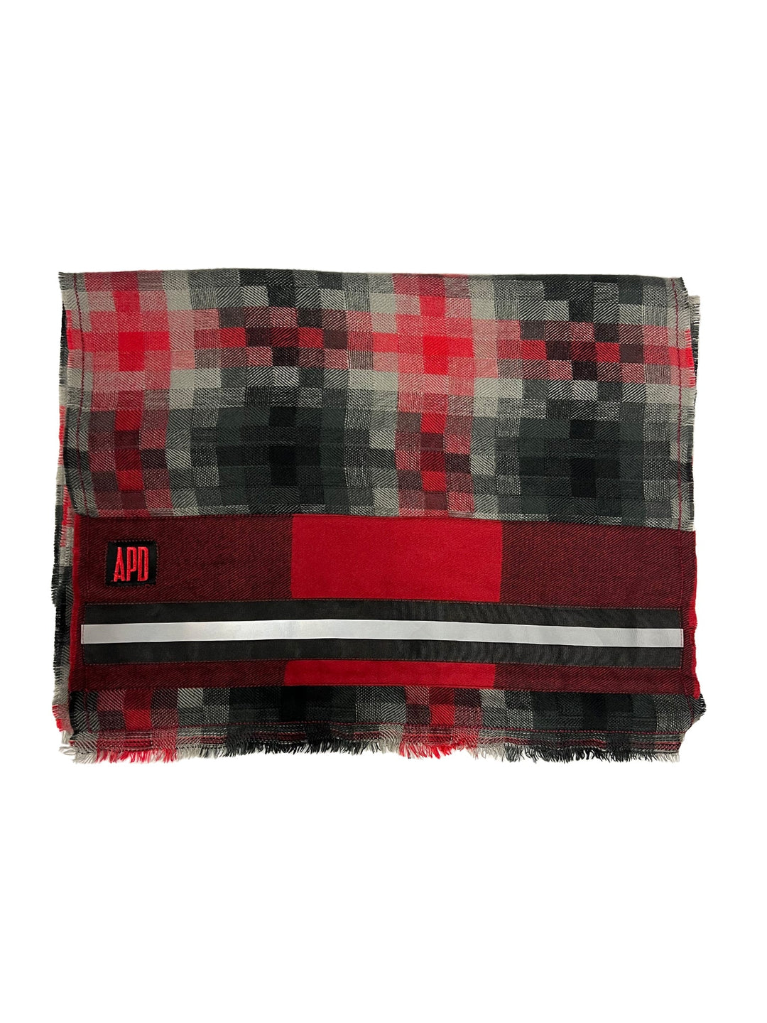 Amy Page DeBlasio Scarves Fringed Scarf in Red, Black, and Grey Pixelated Print
