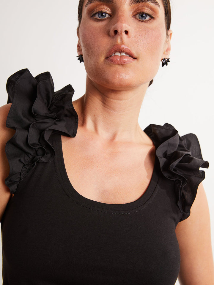 Amy Page DeBlasio Tank Tops Ruffle Tank Top in Black Cotton