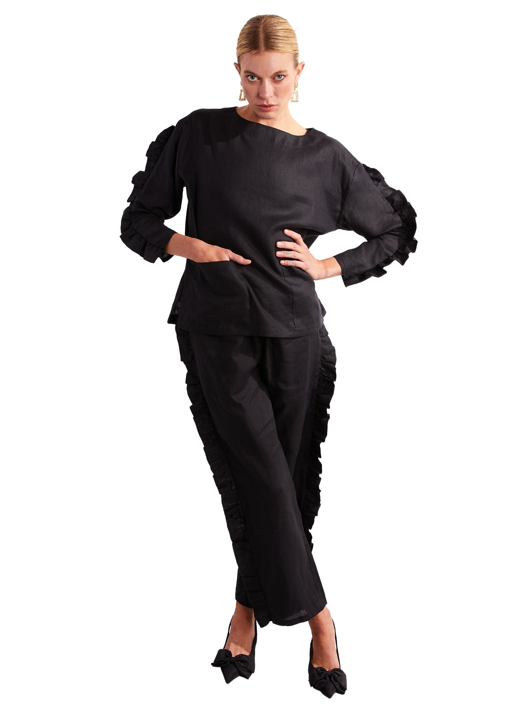Amy Page DeBlasio Pants Ruffle Pants in Black Linen