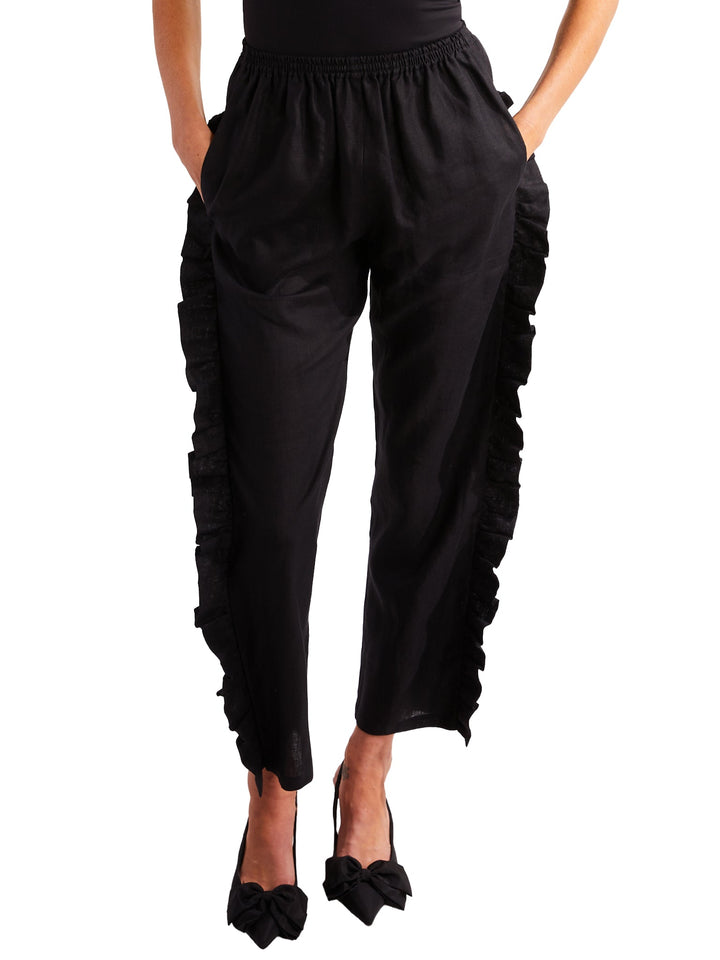 Amy Page DeBlasio Pants Ruffle Pants in Black Linen