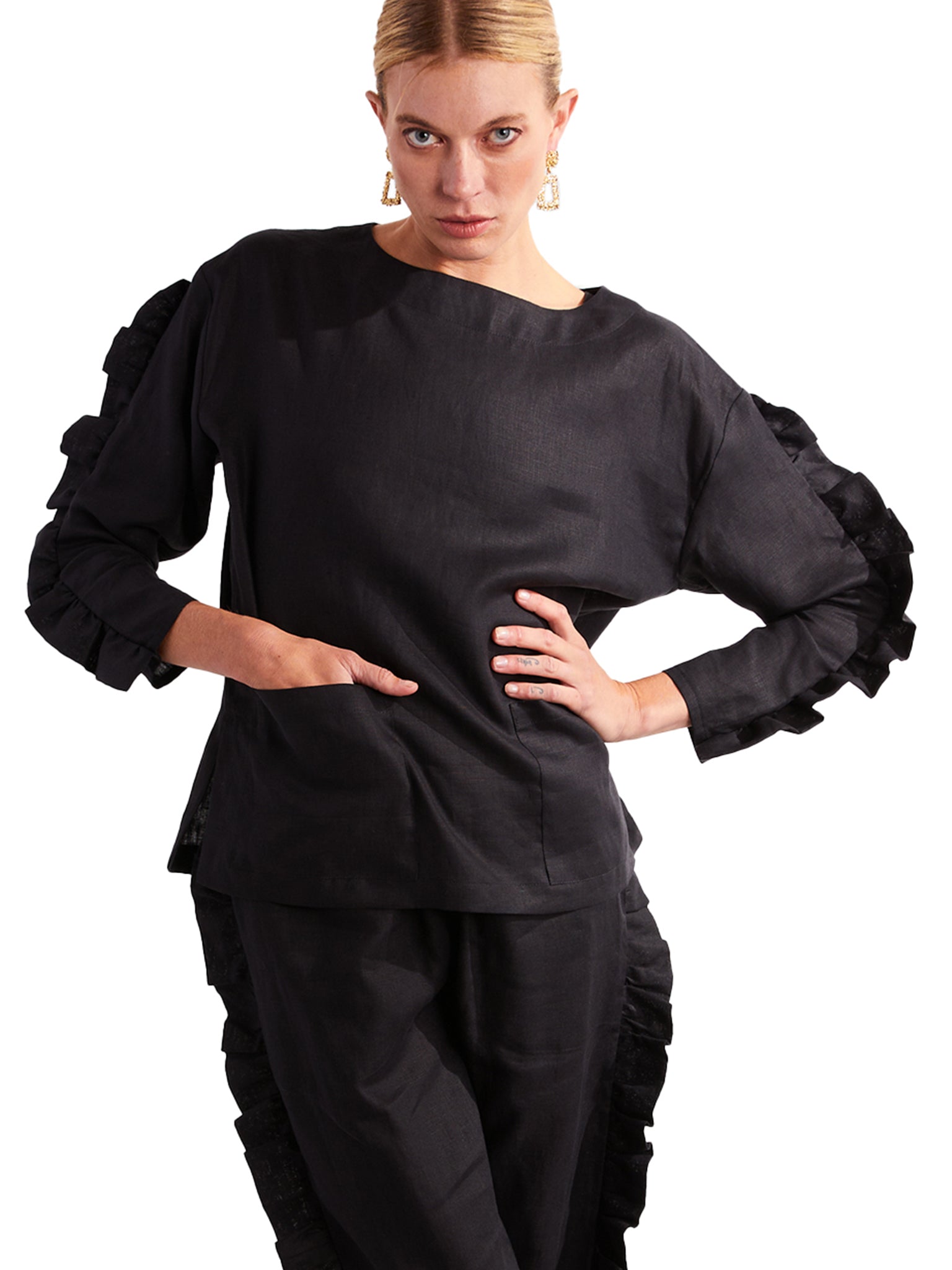 Women's Ruffle Top in Black 100% Italian Linen – Amy Page