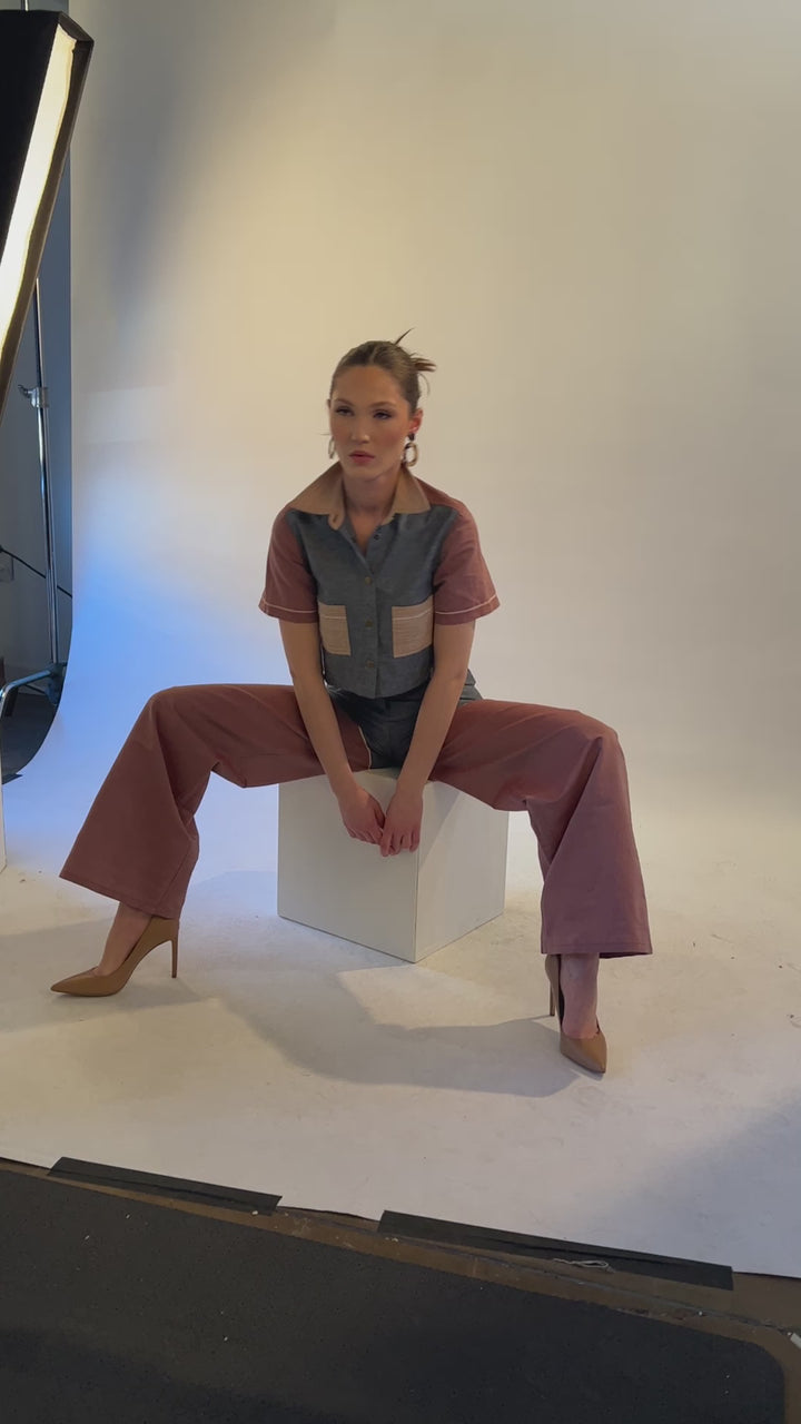 Wide Leg Pant in Blue and Red Chambray