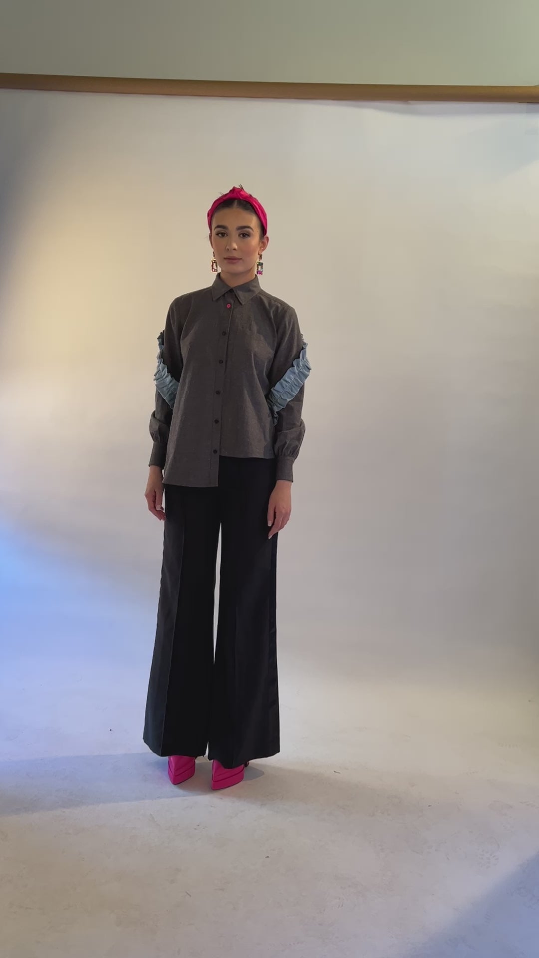 Asymmetric Ruffle Blouse in Charcoal Chambray