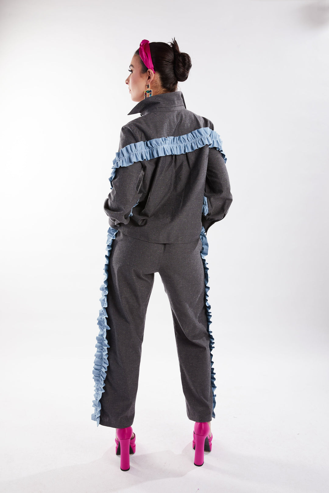 Amy Page DeBlasio Tops Small Asymmetric Ruffle Blouse in Charcoal Chambray