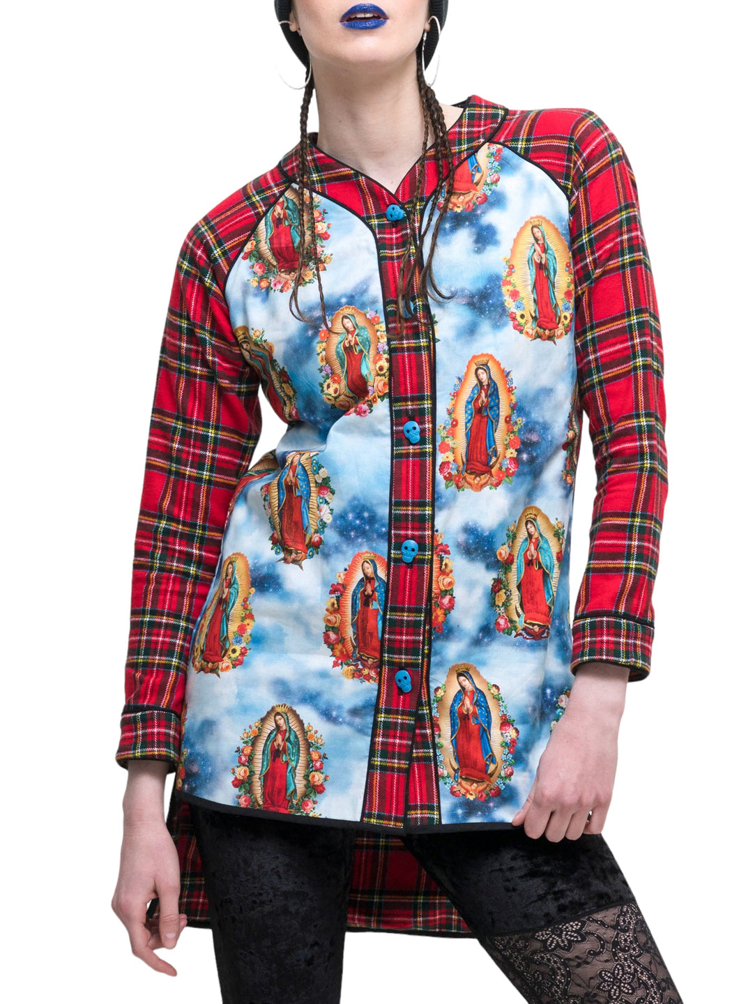 Amy Page DeBlasio Tops Small Cotton Baseball Jersey Dress in Blue Our Lady of Guadalupe Print