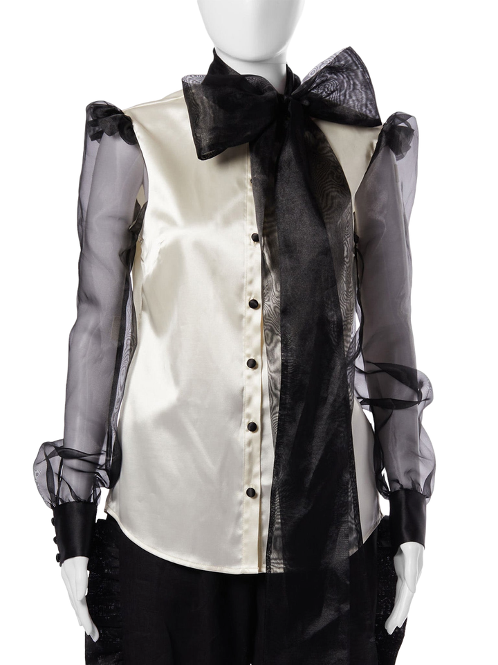 Amy Page DeBlasio Tops Bow Blouse in Ivory Satin