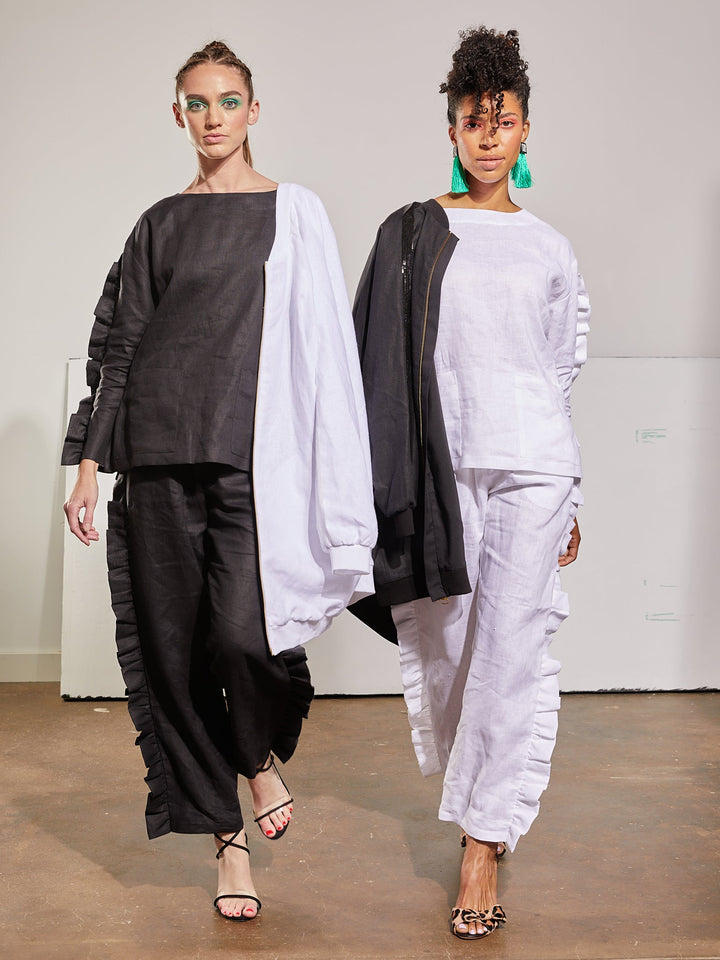 Amy Page DeBlasio Pants Ruffle Pants in Black Linen