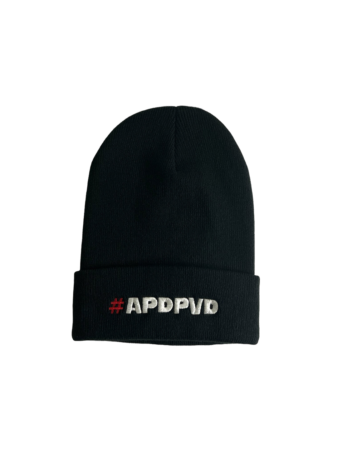 black beanie with red hashtag and white embroidery that reads #APDPVD