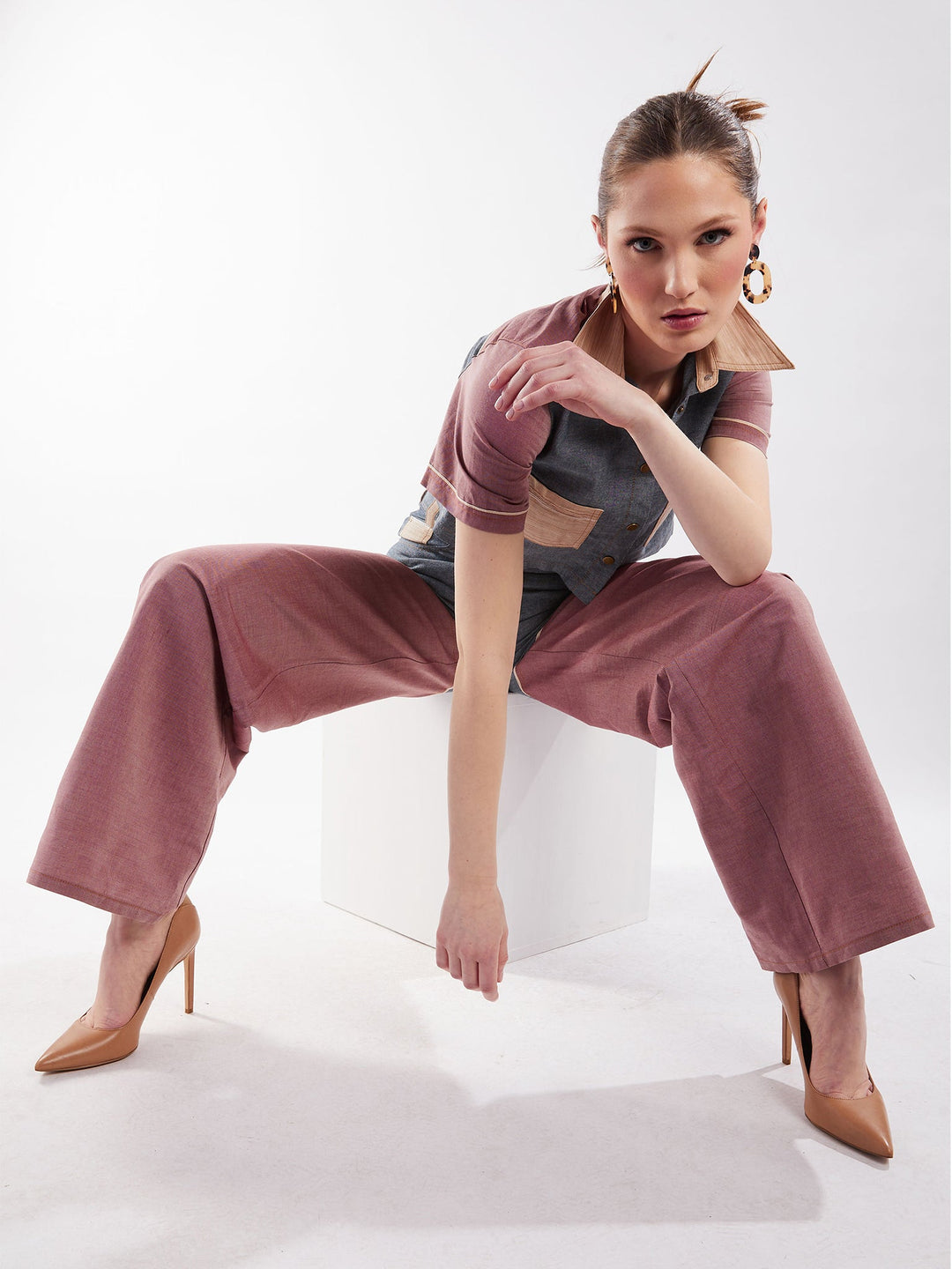 Amy Page DeBlasio Pants Wide Leg Pant in Blue and Red Chambray