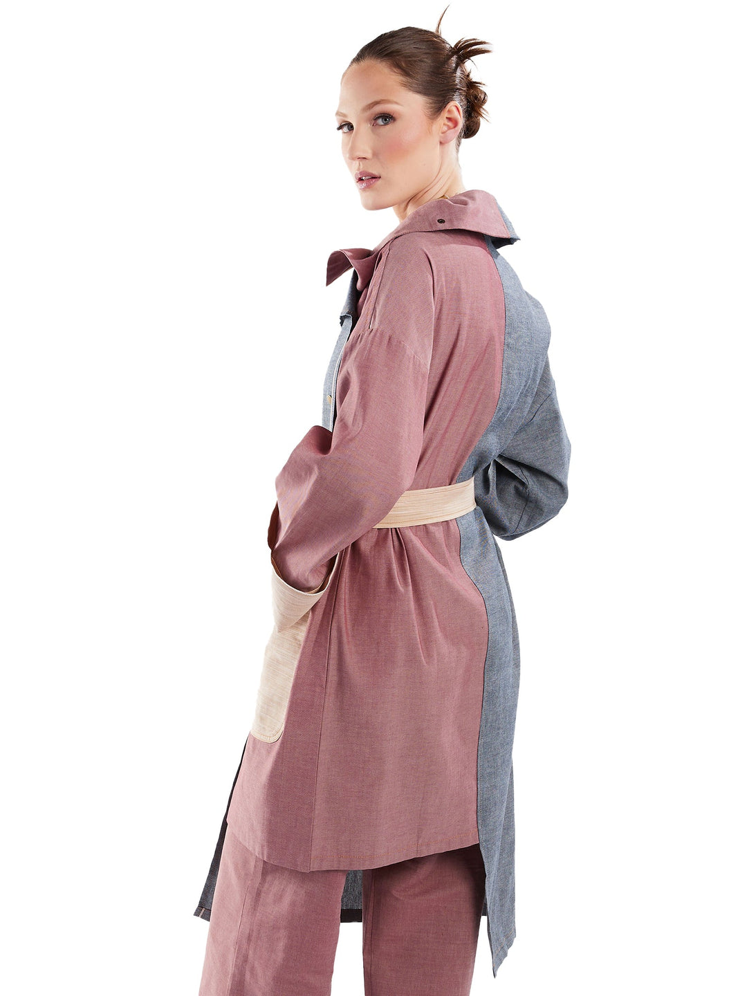 Amy Page DeBlasio Coats & Jackets Asymmetric Trench Coat in Blue, Red and Tan Chambray