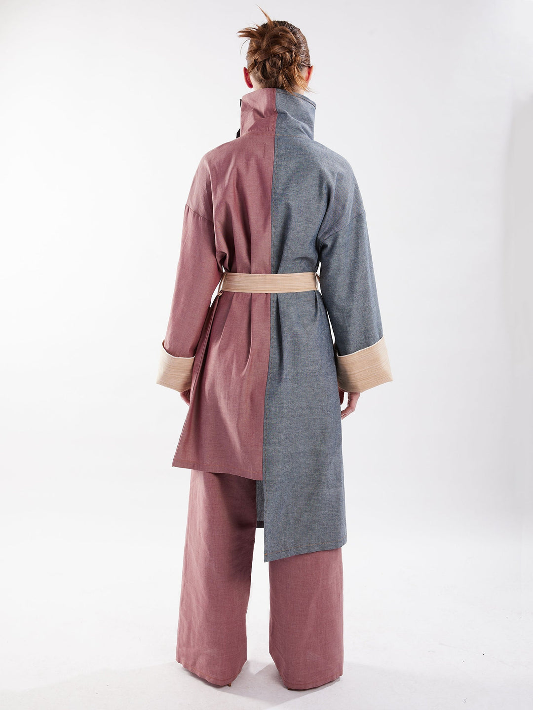 Amy Page DeBlasio Coats & Jackets Asymmetric Trench Coat in Blue, Red and Tan Chambray