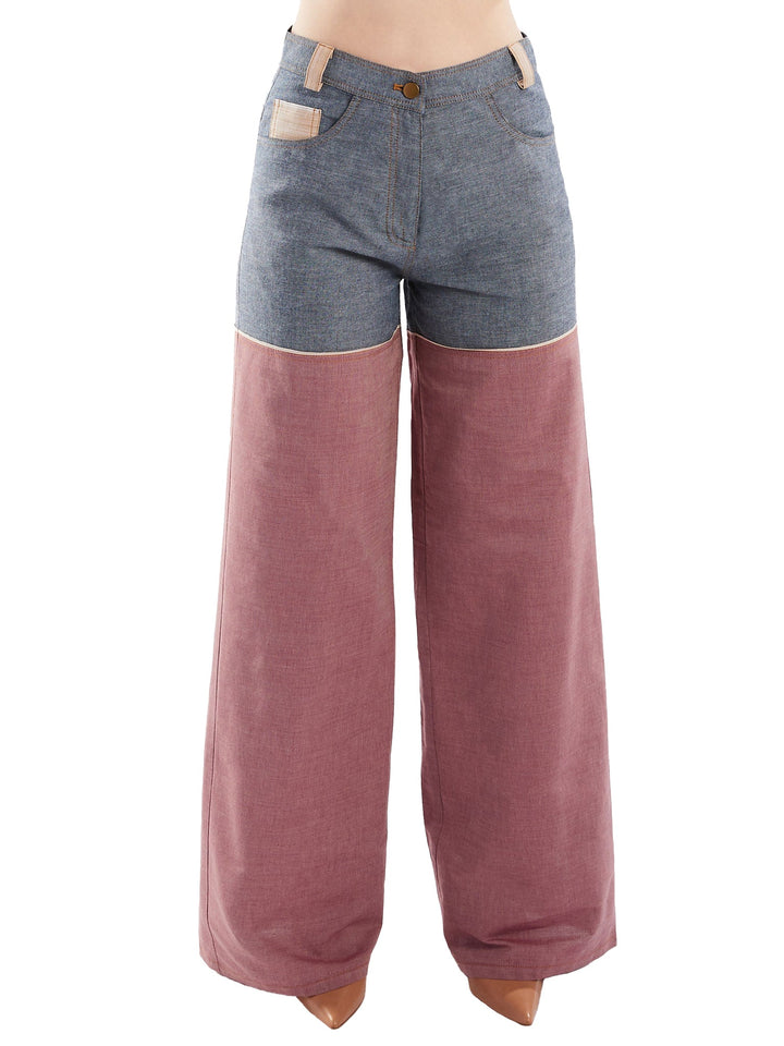 Amy Page DeBlasio Pants Wide Leg Pant in Blue and Red Chambray