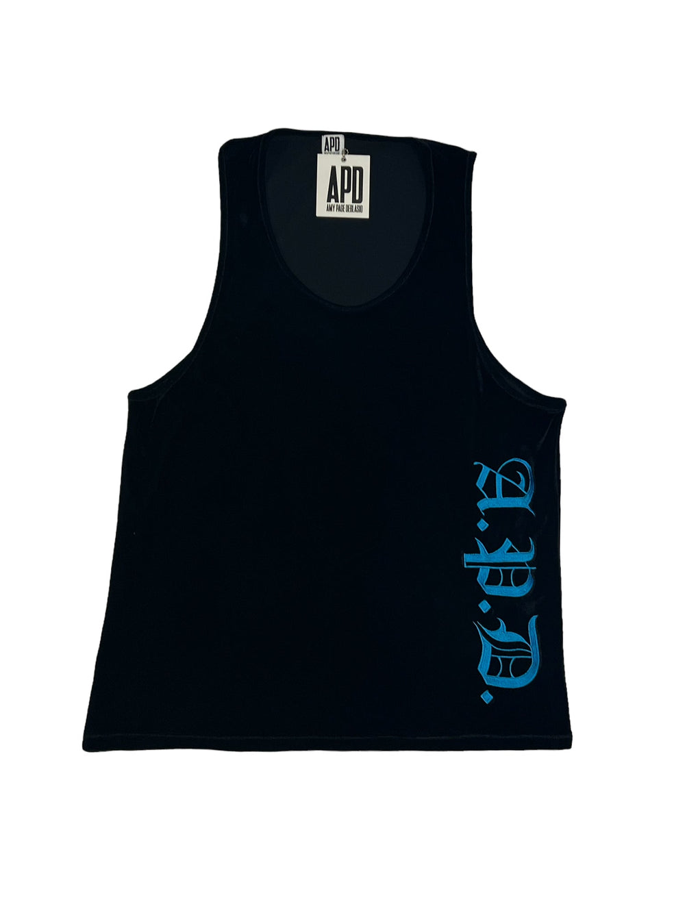 Amy Page DeBlasio Tank Tops Small / Blue Embroidery Tank Top in Black Velour with Old English Embroidered Logo