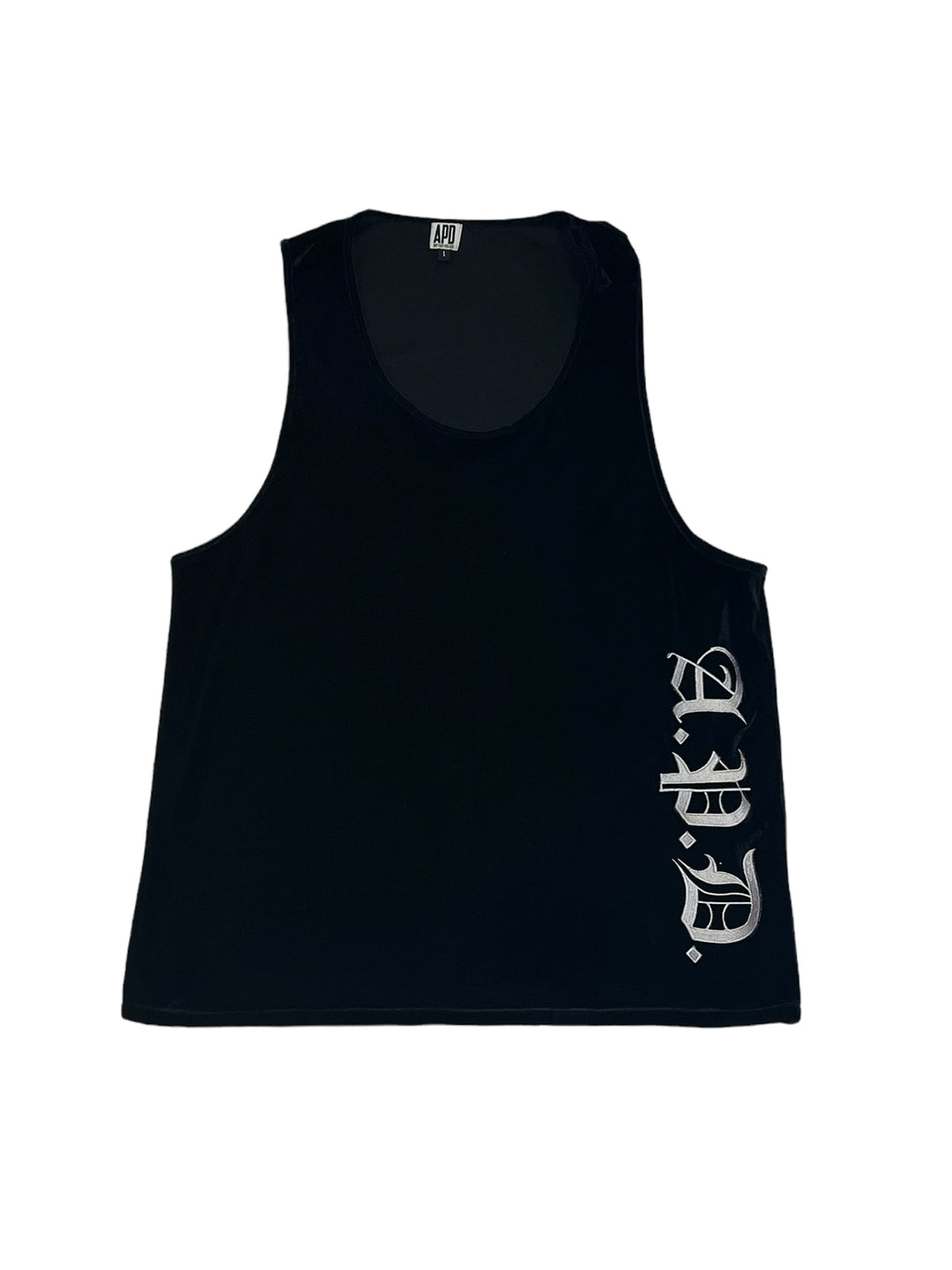 Amy Page DeBlasio Tank Tops Small / White Embroidery Tank Top in Black Velour with Old English Embroidered Logo