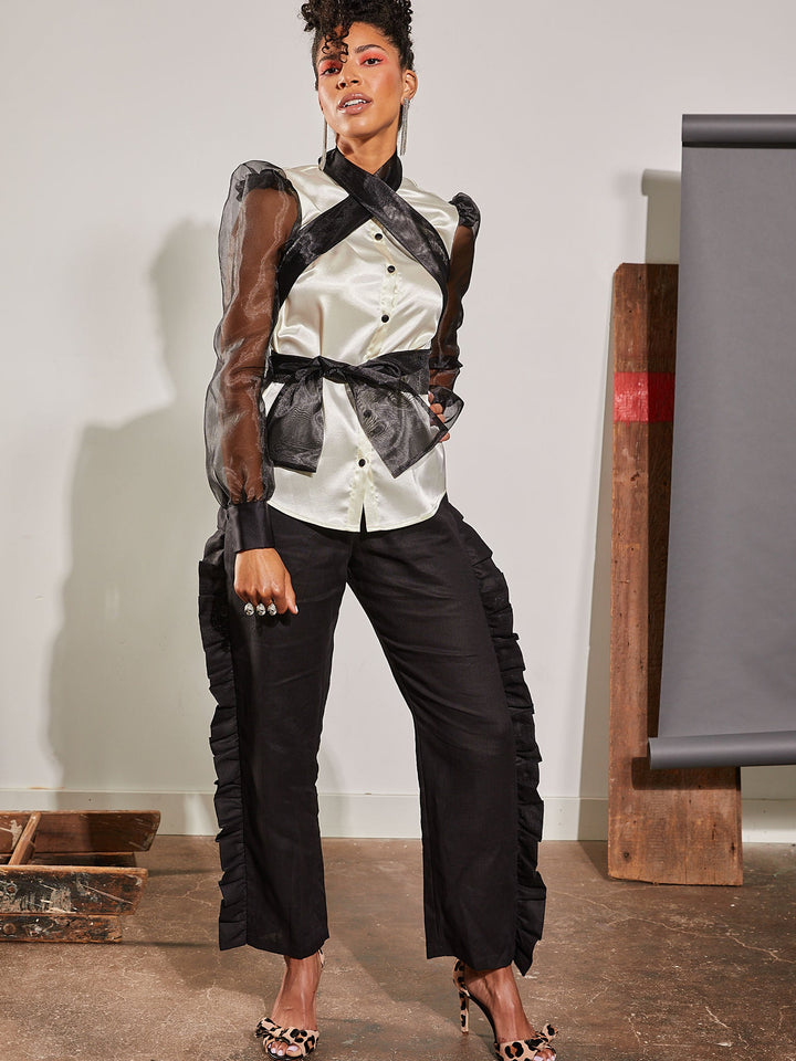 Amy Page DeBlasio Pants Ruffle Pants in Black Linen