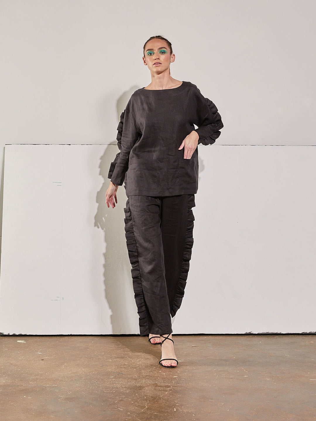 Amy Page DeBlasio Pants Ruffle Pants in Black Linen