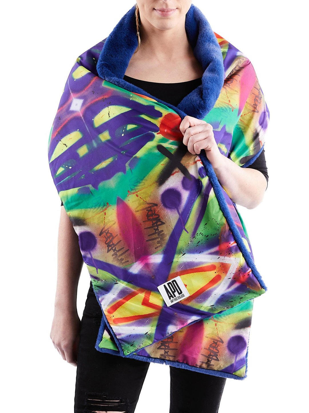 Amy Page DeBlasio Scarves Faux Fur Scarf in Graffiti Print and Blue Fur