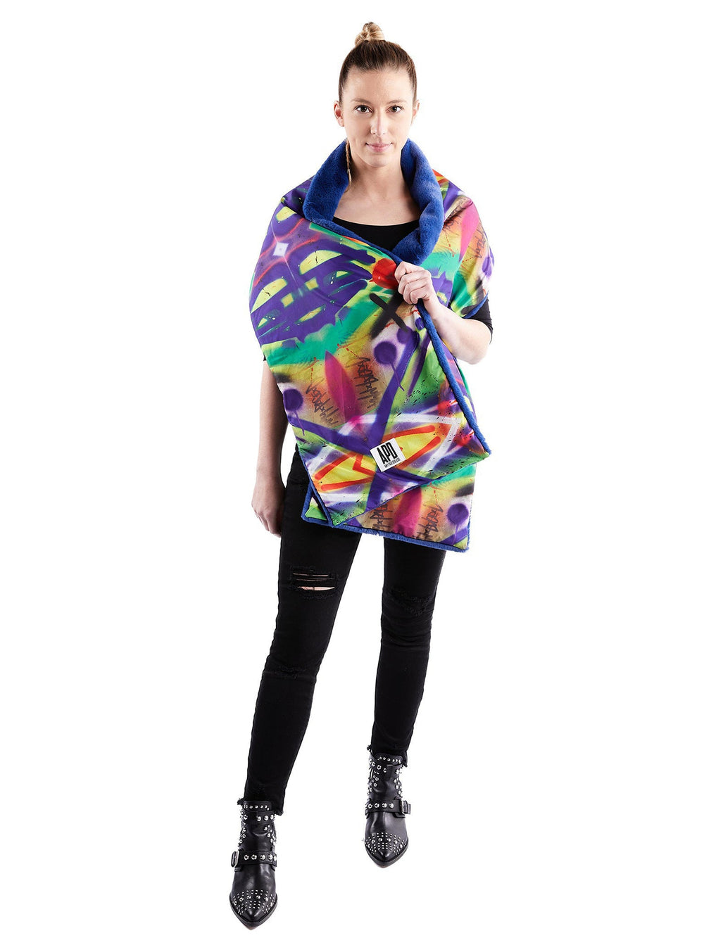 Amy Page DeBlasio Scarves Faux Fur Scarf in Graffiti Print and Blue Fur