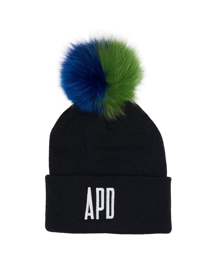 Amy Page DeBlasio Hats Black with blue and green pom pom and logo embroidery Beanie with Fur Pom Pom