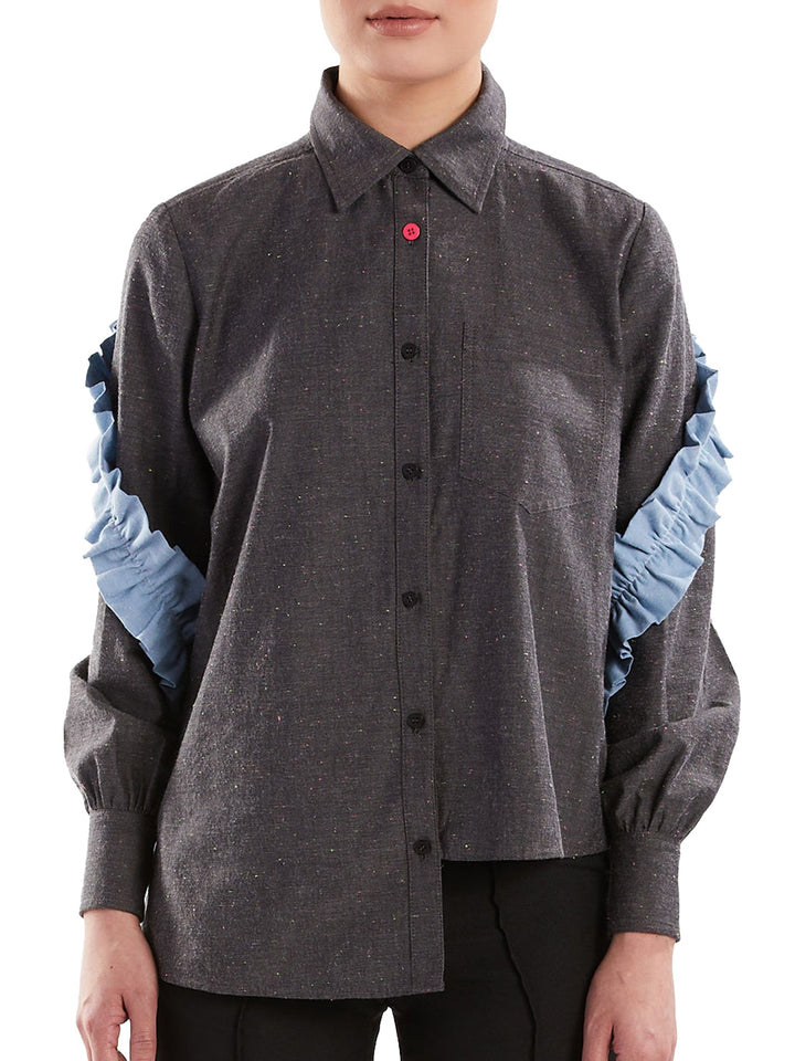 Amy Page DeBlasio Tops Small Asymmetric Ruffle Blouse in Charcoal Chambray