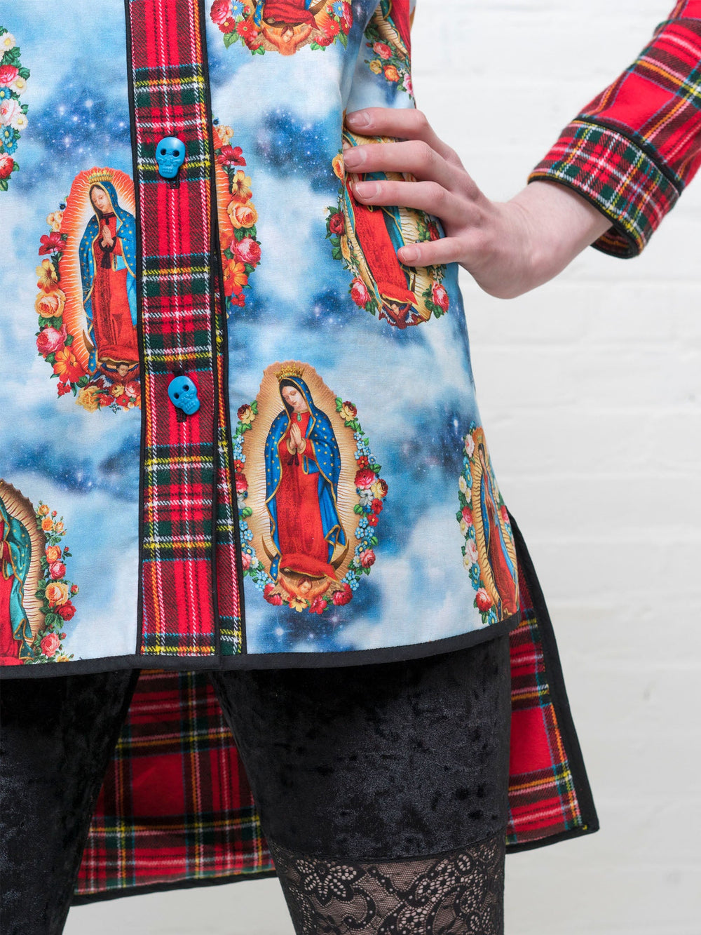 Amy Page DeBlasio Tops Cotton Baseball Jersey Dress in Blue Our Lady of Guadalupe Print