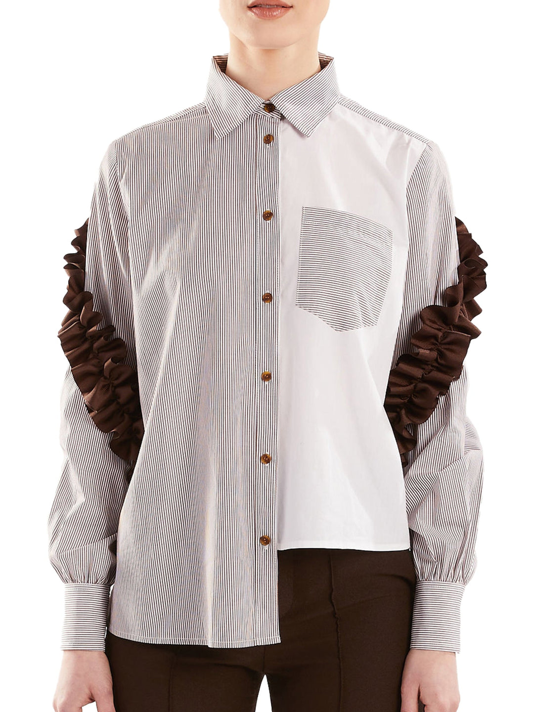 Amy Page DeBlasio Tops Asymmetric Ruffle Blouse in Brown Pinstripe Cotton