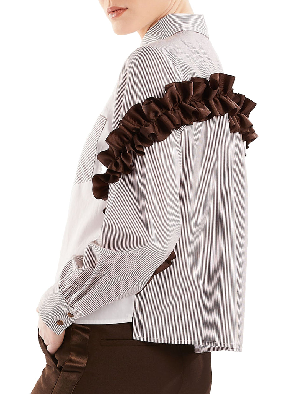 Amy Page DeBlasio Tops Asymmetric Ruffle Blouse in Brown Pinstripe Cotton