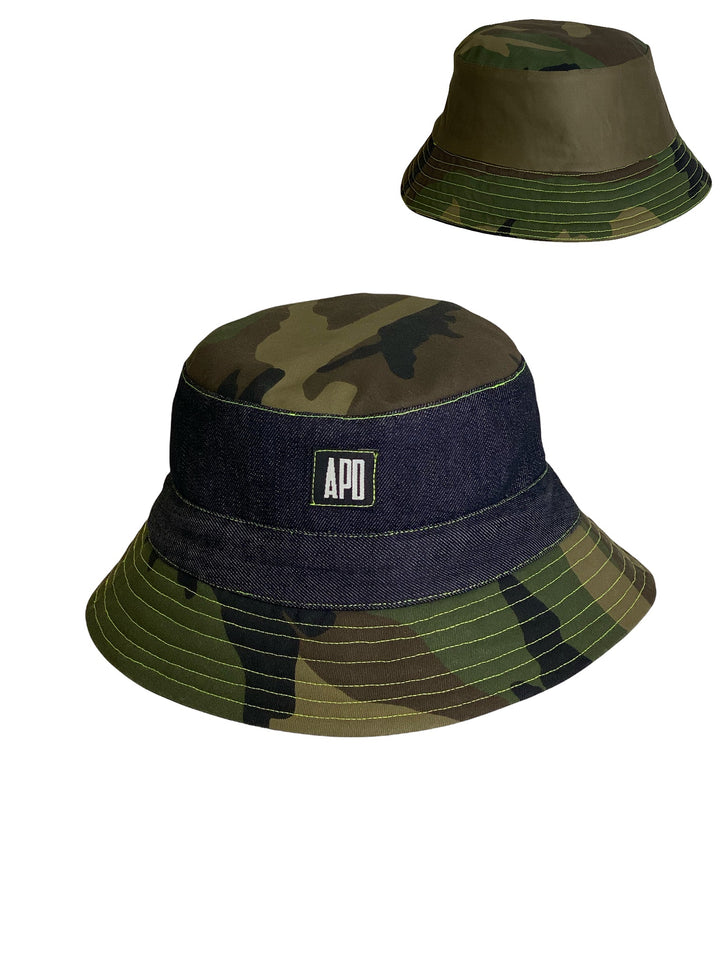 Amy Page DeBlasio Hats Denim and Camo with Volt Green Topstitching Reversible Bucket Hat