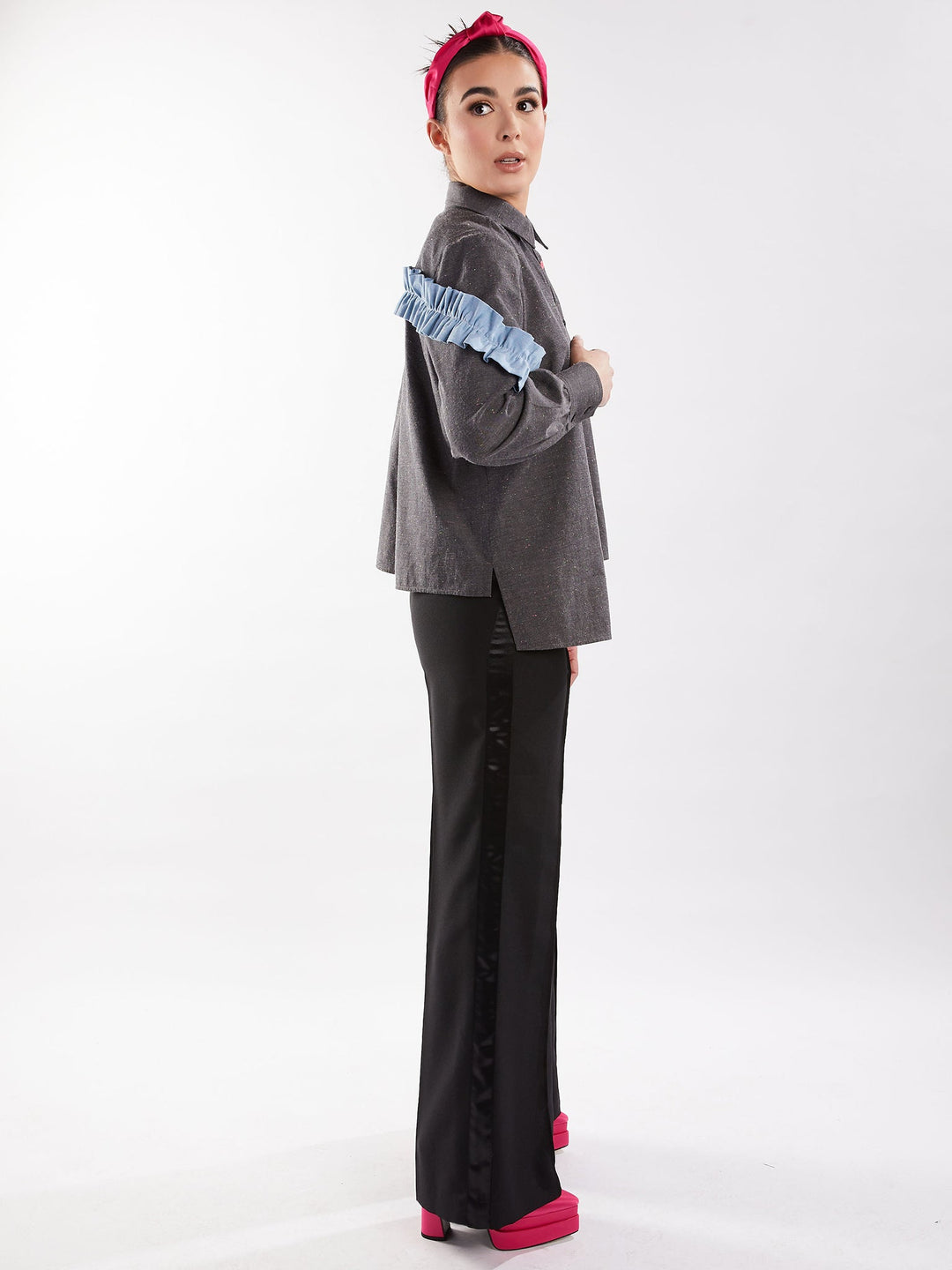 Amy Page DeBlasio Tops Small Asymmetric Ruffle Blouse in Charcoal Chambray