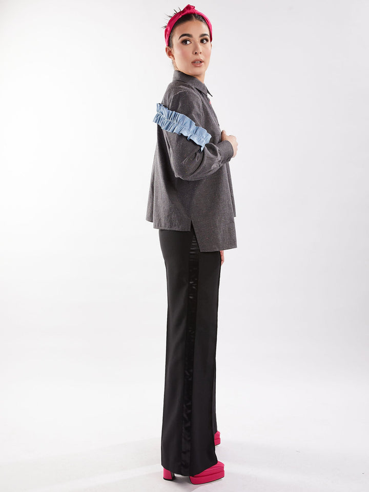 Amy Page DeBlasio Tops Small Asymmetric Ruffle Blouse in Charcoal Chambray
