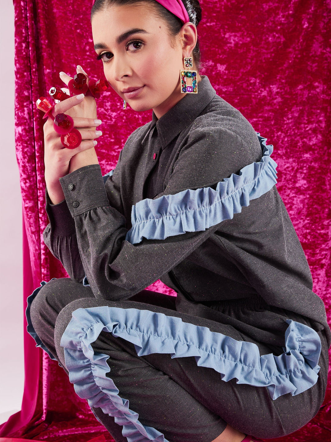 Amy Page DeBlasio Tops Small Asymmetric Ruffle Blouse in Charcoal Chambray