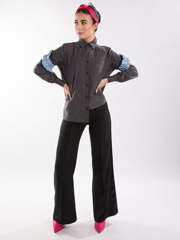 Amy Page DeBlasio Tops Small Asymmetric Ruffle Blouse in Charcoal Chambray