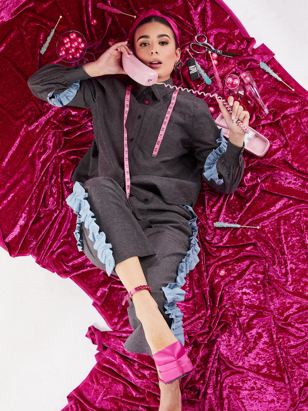 Amy Page DeBlasio Tops Small Asymmetric Ruffle Blouse in Charcoal Chambray