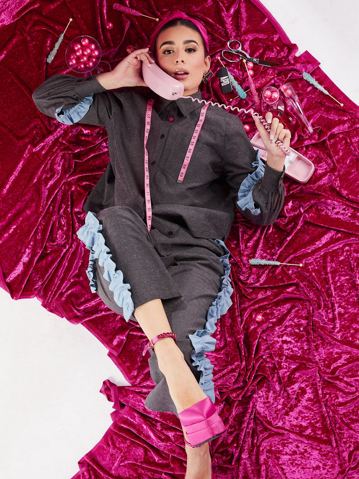 Amy Page DeBlasio Tops Small Asymmetric Ruffle Blouse in Charcoal Chambray