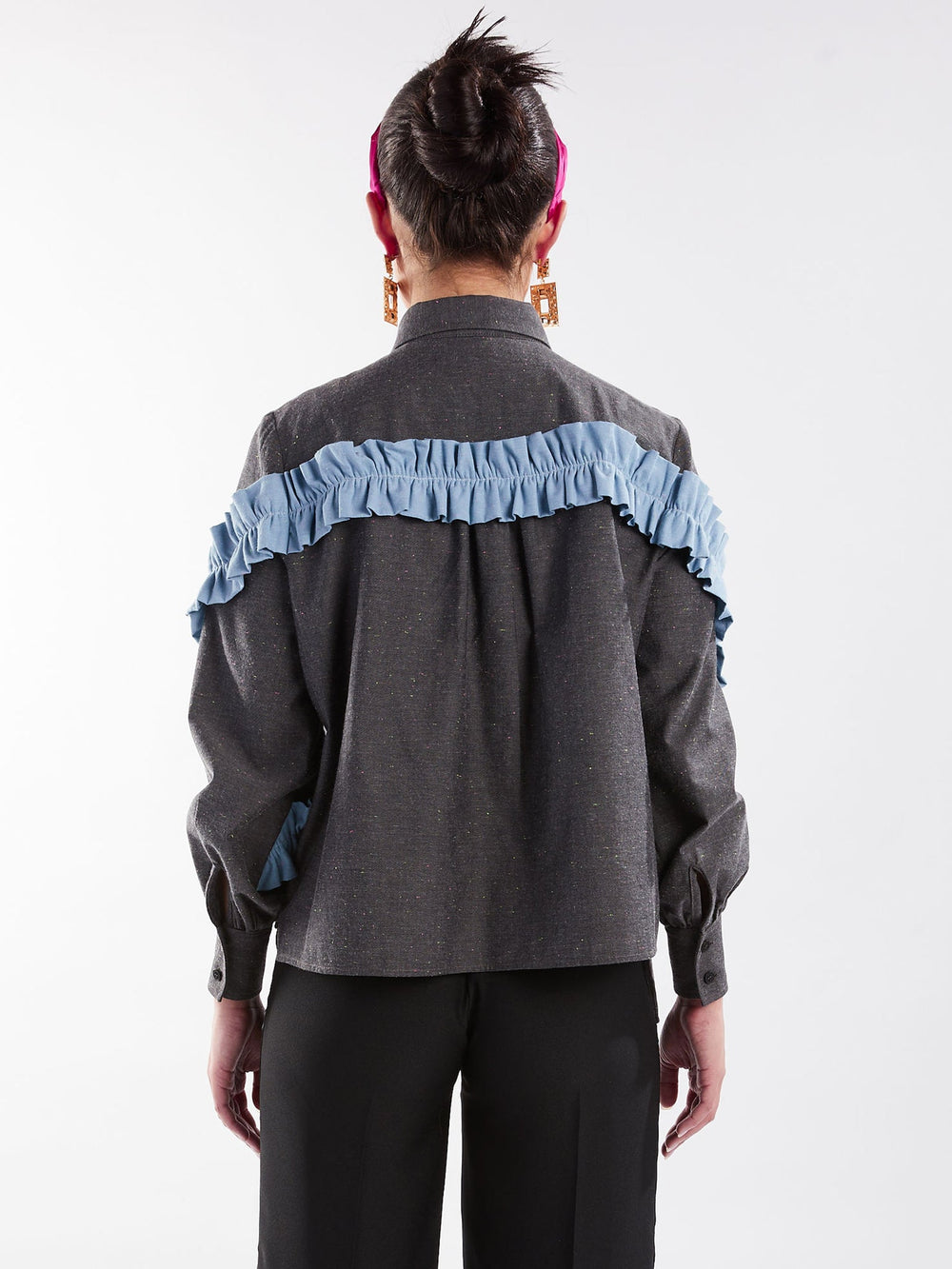 Amy Page DeBlasio Tops Small Asymmetric Ruffle Blouse in Charcoal Chambray