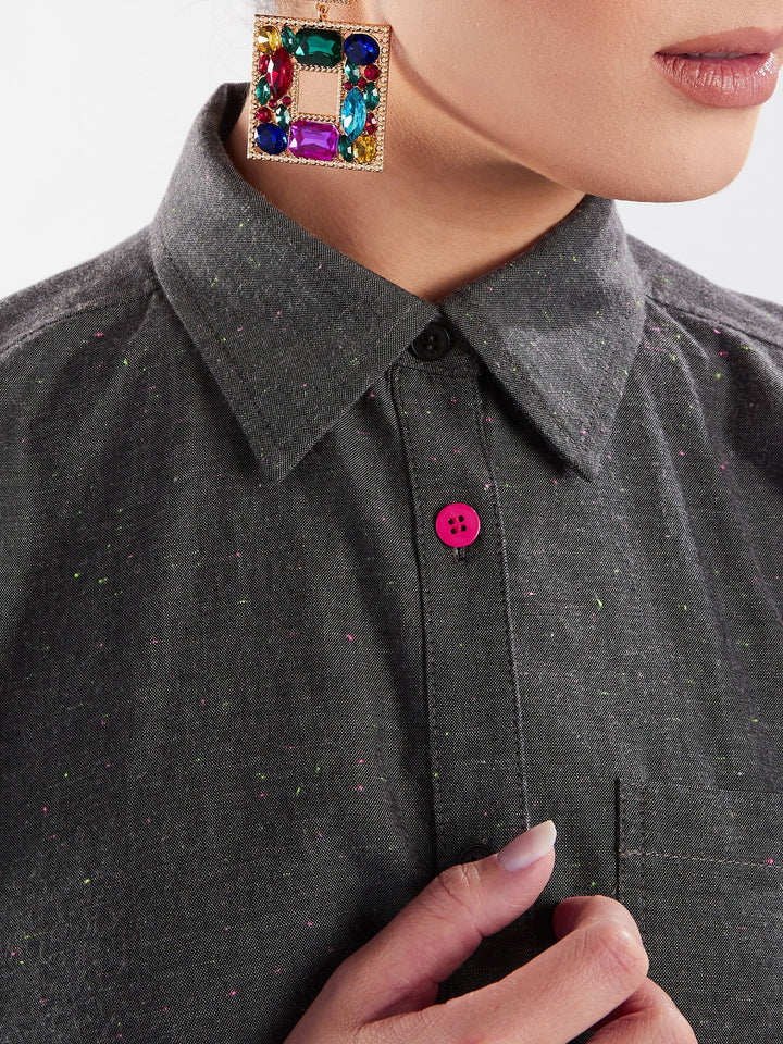 Amy Page DeBlasio Tops Small Asymmetric Ruffle Blouse in Charcoal Chambray