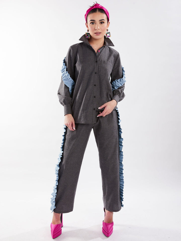 Amy Page DeBlasio Tops Small Asymmetric Ruffle Blouse in Charcoal Chambray