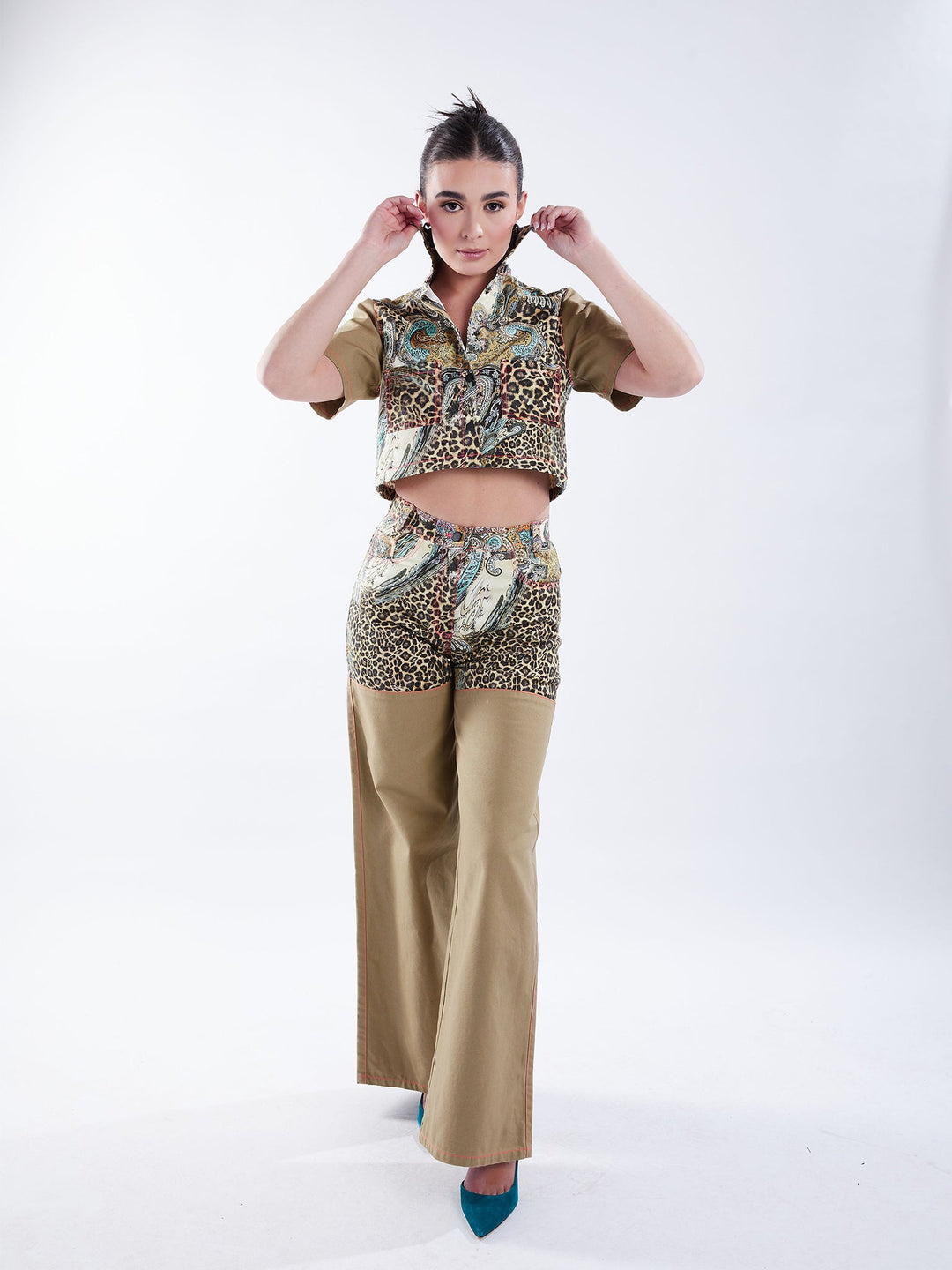 Amy Page DeBlasio Shirts & Tops Cropped Button-Down Shirt in Tan and Leopard Paisley