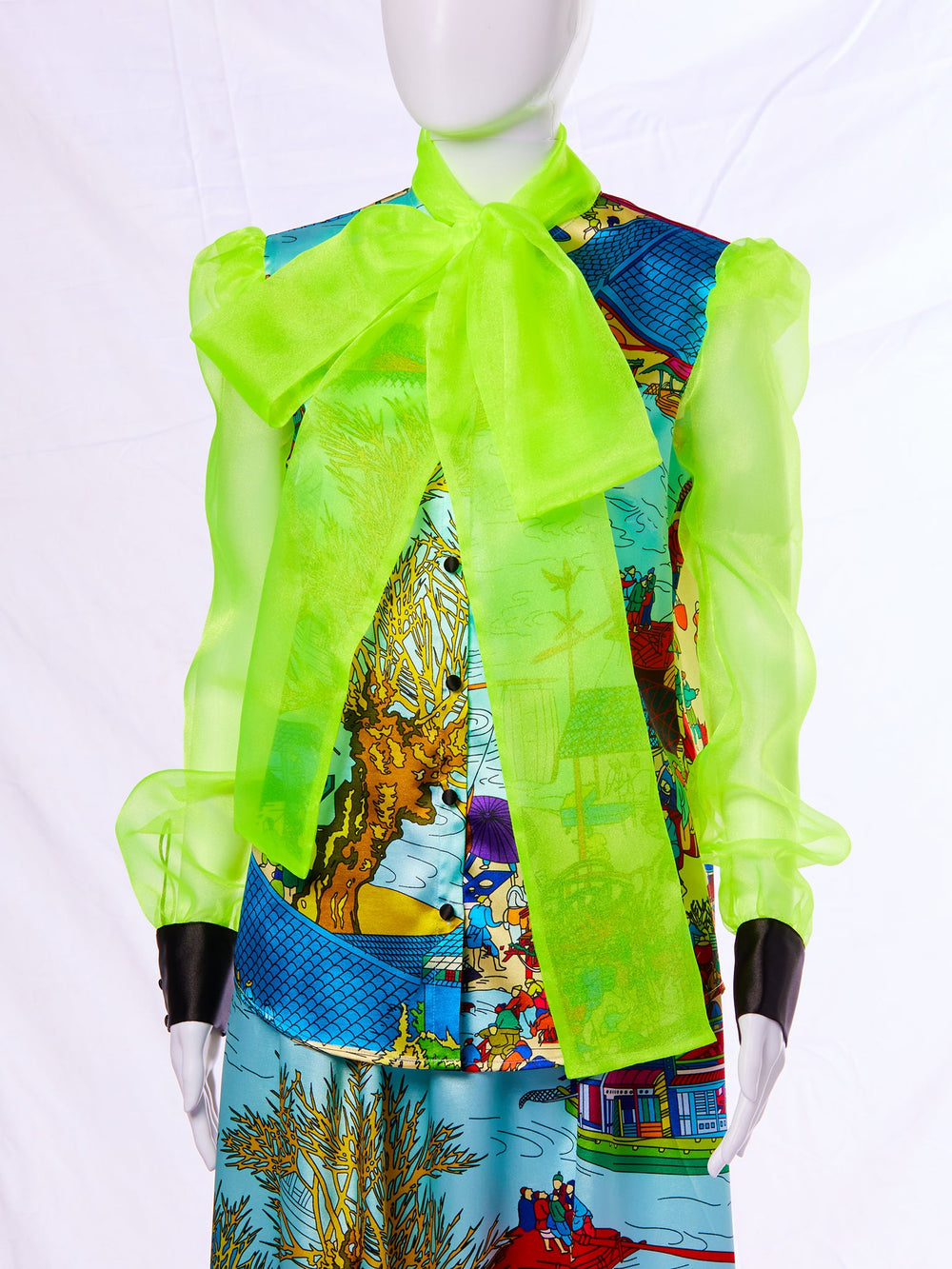 Amy Page DeBlasio Blouse Bow Blouse in Satin Asian Print