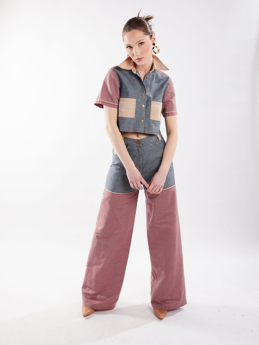 Amy Page DeBlasio Pants Wide Leg Pant in Blue and Red Chambray