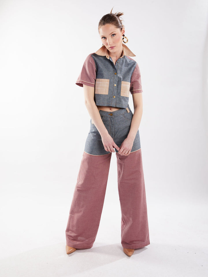 Amy Page DeBlasio Pants Wide Leg Pant in Blue and Red Chambray
