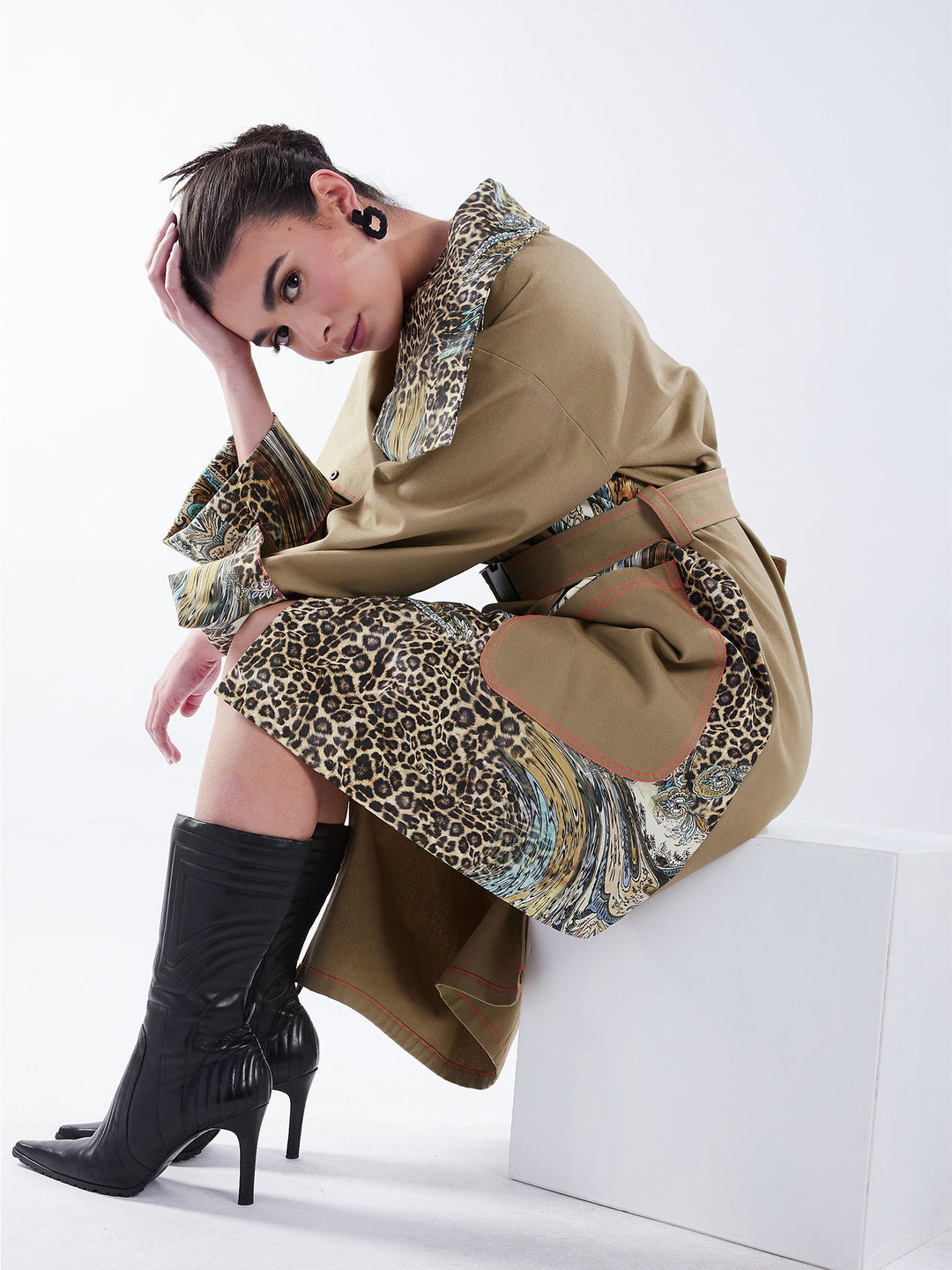 Amy Page DeBlasio Coats & Jackets Asymmetric Trench Coat in Tan Duck and Leopard Paisley Print