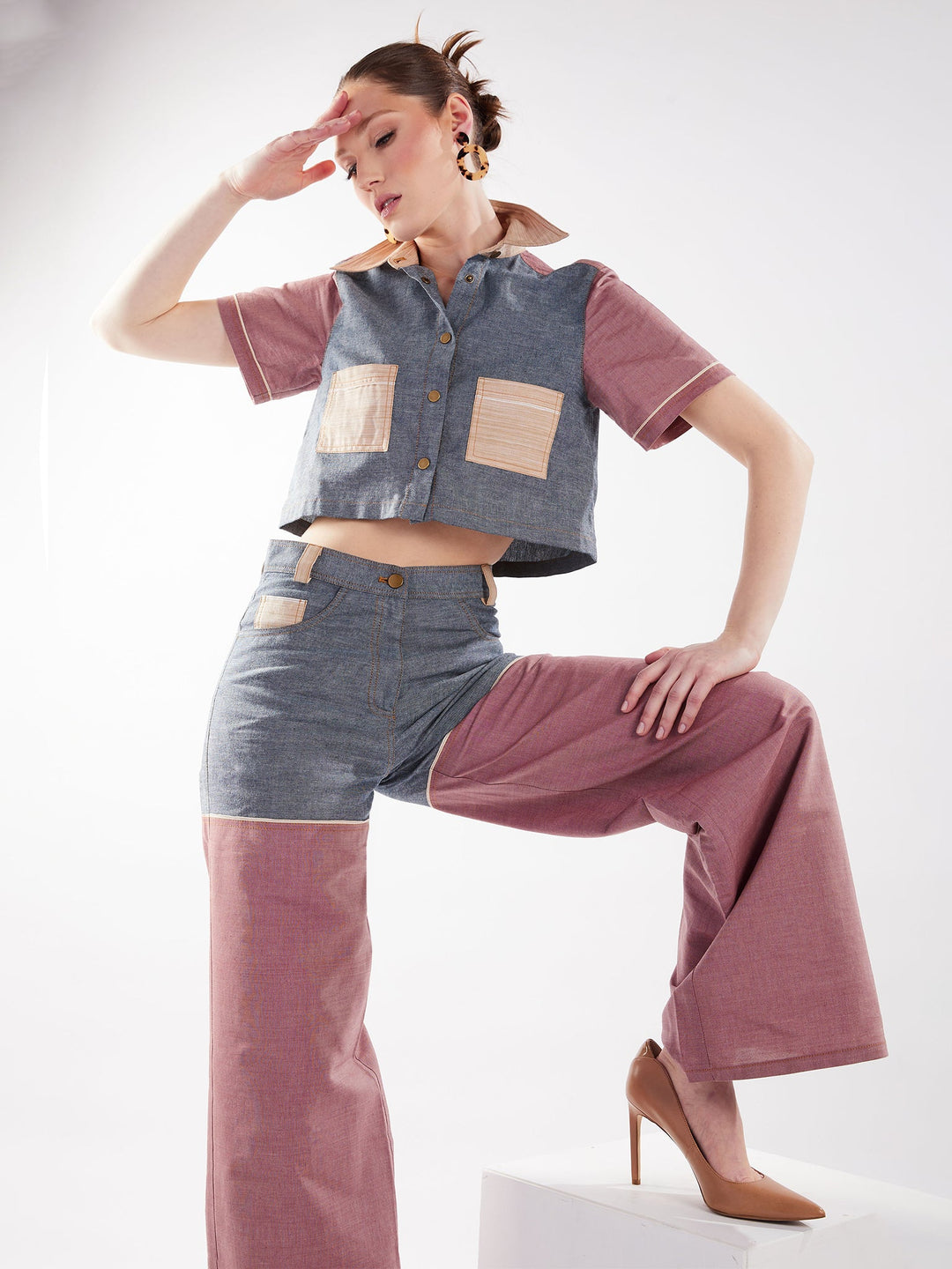 Amy Page DeBlasio Pants Wide Leg Pant in Blue and Red Chambray