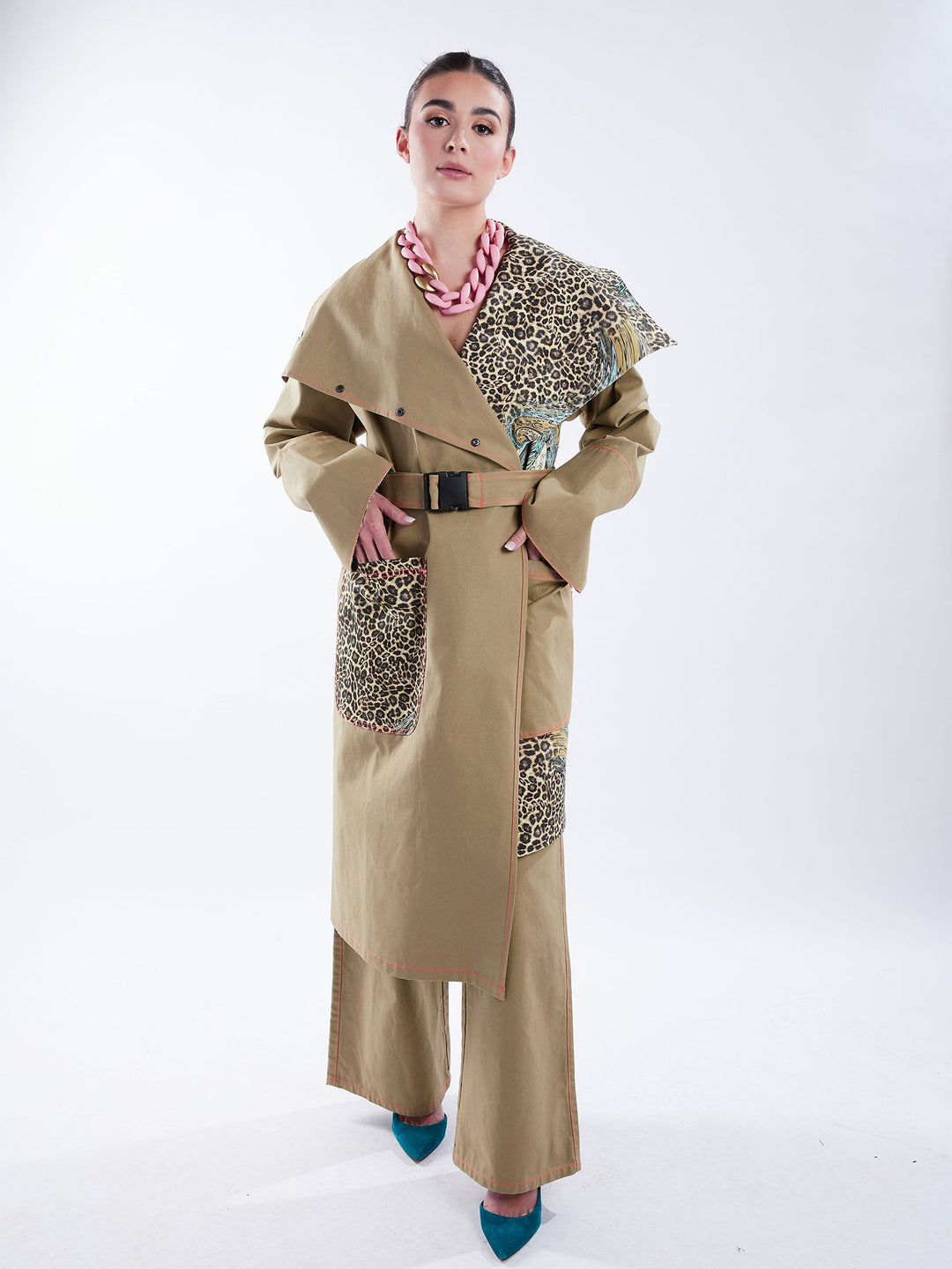Amy Page DeBlasio Coats & Jackets Asymmetric Trench Coat in Tan Duck and Leopard Paisley Print