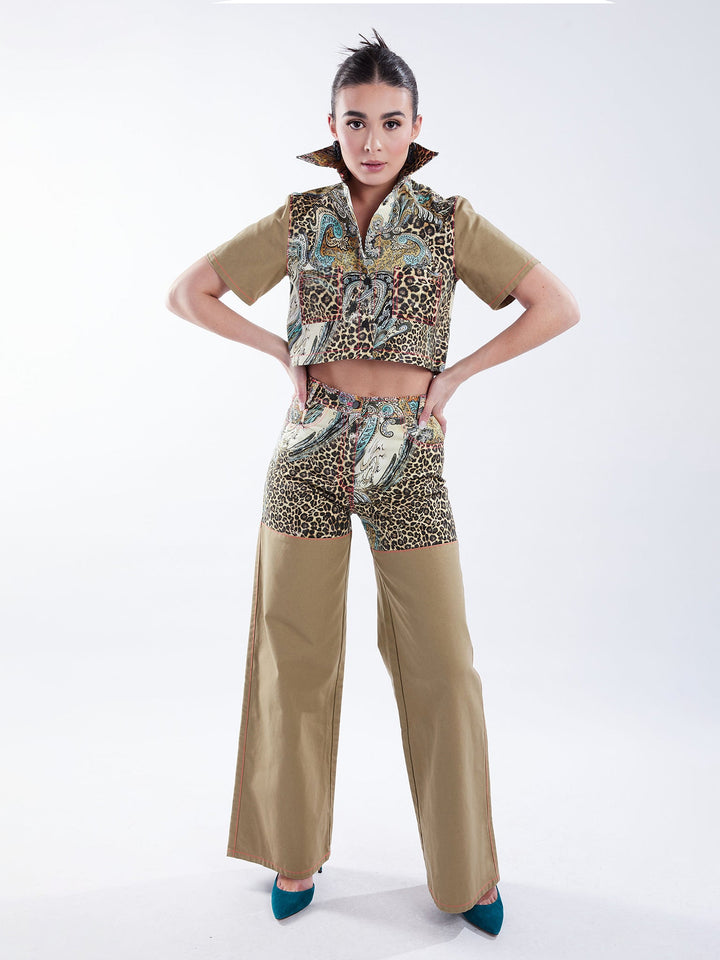 Amy Page DeBlasio Shirts & Tops Cropped Button-Down Shirt in Tan and Leopard Paisley