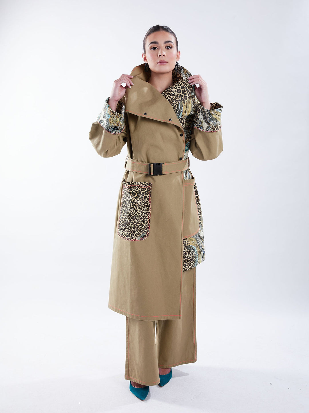 Amy Page DeBlasio Coats & Jackets Asymmetric Trench Coat in Tan Duck and Leopard Paisley Print